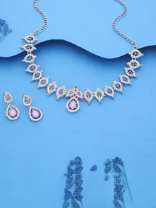 DIVASTRI Silver-Plated American Diamond Studded Choker Necklace Set with Stud Earrings