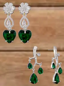 ATIBELLE Set Of 2 Silver-Plated Cubic Zirconia Studded Heart Shaped Drop Earrings