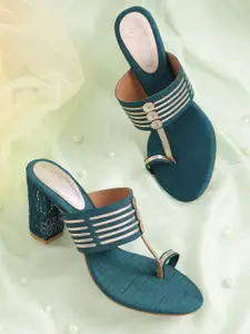 House of Pataudi Ethnic Embellished Open Toe Block Sandals