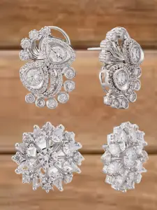 ATIBELLE Set Of 2 Silver-Plated Cubic Zirconia Studded Floral Shaped Studs