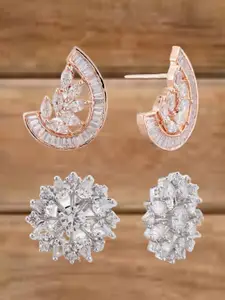 ATIBELLE Set Of 2 Rose Gold-Plated Cubic Zirconia Studded Crescent Shaped Studs