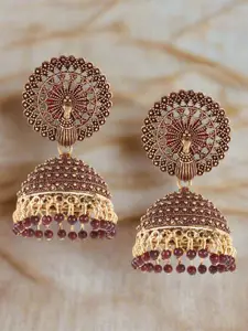 Jazz and Sizzle Gold Plated Artificial Stones and Beads Peacock Shaped Drop Earrings