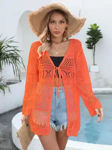 StyleCast Crochet Scalloped Hem Tie-Up Shrug