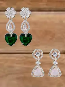 ATIBELLE Set Of 2 Silver-Plated Cubic Zirconia Studded Heart Shaped Drop Earrings
