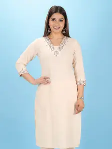 Aramya V-Neck Thread Work Straight Cotton Kurta