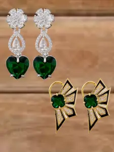 ATIBELLE Set Of 2 Silver-Plated Cubic Zirconia Studded Heart Shaped Drop Earrings