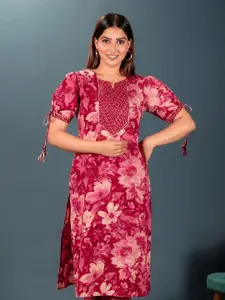 Aramya Floral Printed Notch Neck Pure Cotton Straight Kurta