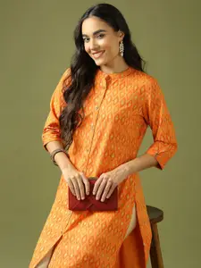 Anouk Geometric Printed Mandarin Collar Straight Cotton Kurta