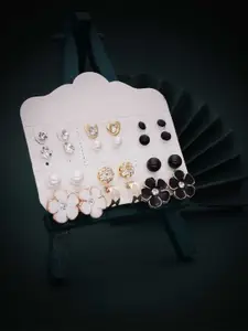 Anouk Set of 12 Gold-Plated Stone Studded & Pearls Beaded Floral Studs