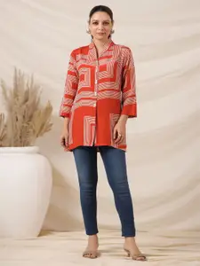 JISORA Women Rust Geometric Printed Pure Silk Top