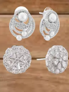 ATIBELLE Set Of 2 Silver-Plated Cubic Zirconia Studded & Pearls Beaded Floral Shaped Studs