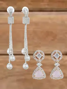 ATIBELLE Set Of 2 Silver-Plated Cubic Zirconia Studded Square Shaped Drop Earrings