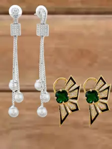 ATIBELLE Set Of 2 Silver-Plated Cubic Zirconia Studded Square Shaped Drop Earrings