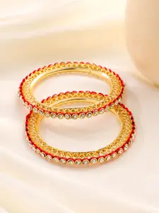 NVR Women Set Of 2 Gold Plated Red Kundan Studded Bangles