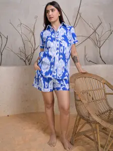 Peppinos Ikat Printed Cotton Shirt Collar Neck Shirt With Shorts Co-Ords