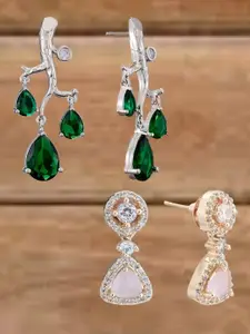 ATIBELLE Set Of 2 Silver-Plated Cubic Zirconia Studded Teardrop Shaped Drop Earrings