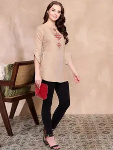 all about you Women Ethnic Motifs Embroidered Round Neck A-Line Cotton Top