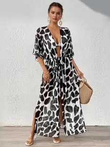 StyleCast Cow Printed Semi Sheer Tie-Up Shrug