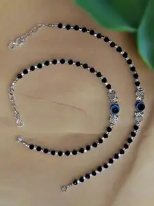 Jazz and Sizzle Set Of 2 Silver-Plated Artificial Beads Owl & Evil Eye Anklet