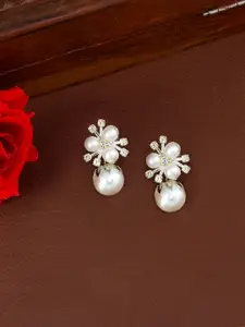 PRIVIU Silver-Plated CZ Stones Studded & Pearls Beaded Floral Shaped Drop Earrings