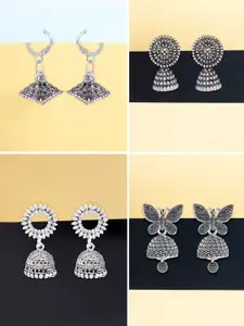 PRIVIU Set Of 4 Silver-Plated Dome Shaped Oxidised Jhumkas