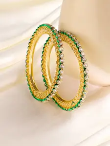 NVR Women Set Of 2 Gold Plated Green Kundan Studded Bangles