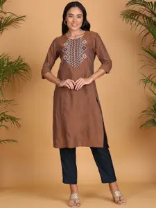 Anouk Geometric Yoke Design Round Neck Straight Cotton Kurta