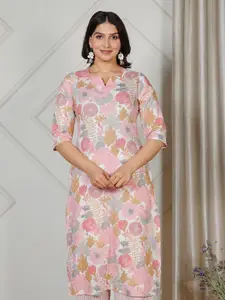 Aramya Floral Printed Notch Neck Pure Cotton Straight Kurta