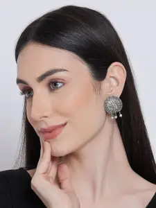 Jazz and Sizzle Silver-Plated Artificial Stones And Beads Oxidized Peacock Shaped Studs