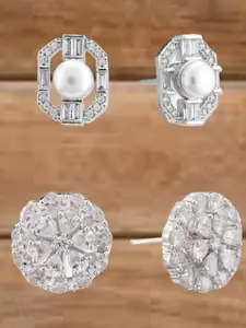 ATIBELLE Set Of 2 Silver-Plated Cubic Zirconia Studded & Pearls Beaded Geometric Studs