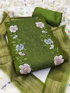 Peachmode Floral Embroidered Thread Work Unstitched Dress Material