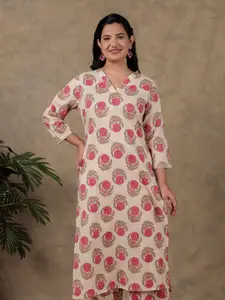 Aramya Floral Printed V-Neck Straight Cotton Kurta
