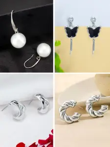 PRIVIU Set of 4 Silver-Plated Quirky Half Hoop & Drop Earrings
