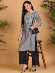 Anouk Floral Yoke Design Round Neck Straight Cotton Kurta