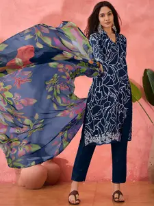 KALINI Floral Printed Thread Work Unstitched Dress Material