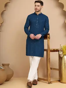 Jompers Floral Embroidered Mandarin Collar Sequinned Pure Cotton Kurta With Churidar