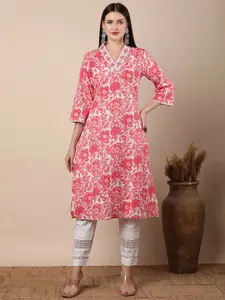 FASHOR Women Floral Printed V Neck A-Line Cotton Kurta