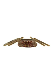 RIJOLI Set Of 6 Gold-Plated Stone Studded & Beaded Metal Bangles