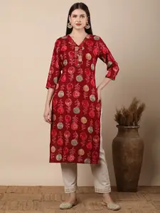 FASHOR Floral Printed V_Neck Straight Kurta