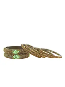RIJOLI Set Of 6 Gold-Plated Stone Studded & Beaded Metal Bangles