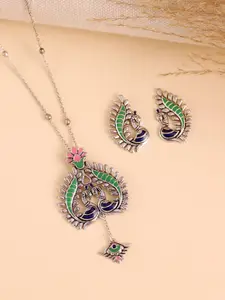 Voylla Madhubani Peacock Pratha Oxidised Enamel Pendant Set