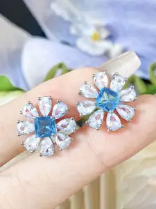 Jewels Galaxy Silver-Plated American Diamond Studded Floral Shaped Studs