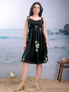 PURVAJA Women Printed Black Fit and Flare Dress