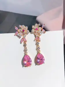 Jewels Galaxy Gold-Plated American Diamond Studded Floral Shaped Drop Earrings