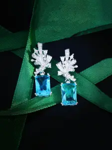 Jewels Galaxy Silver-Plated American Diamond Studded Geometric Shaped Drop Earrings