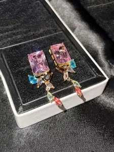 Jewels Galaxy Gold -Plated American Diamond Studded Geometric Shaped Drop Earrings