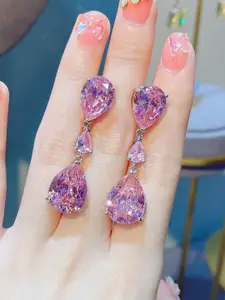 Jewels Galaxy Silver-Plated American Diamond Studded Teardrop Shaped Drop Earrings