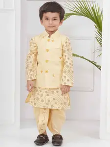 Sethukrishna Boys Geometric Printed Mandarin Collar Kurta With Dhoti Pants & Nehru Jacket