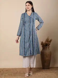 FASHOR Striped V-Neck A-Line Angrakha Cotton Kurta