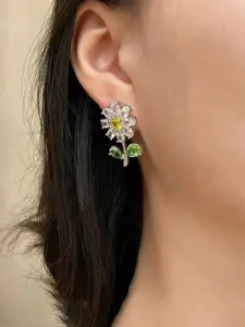 Jewels Galaxy Silver-Plated American Diamond Studded Floral Shaped Drop Earrings